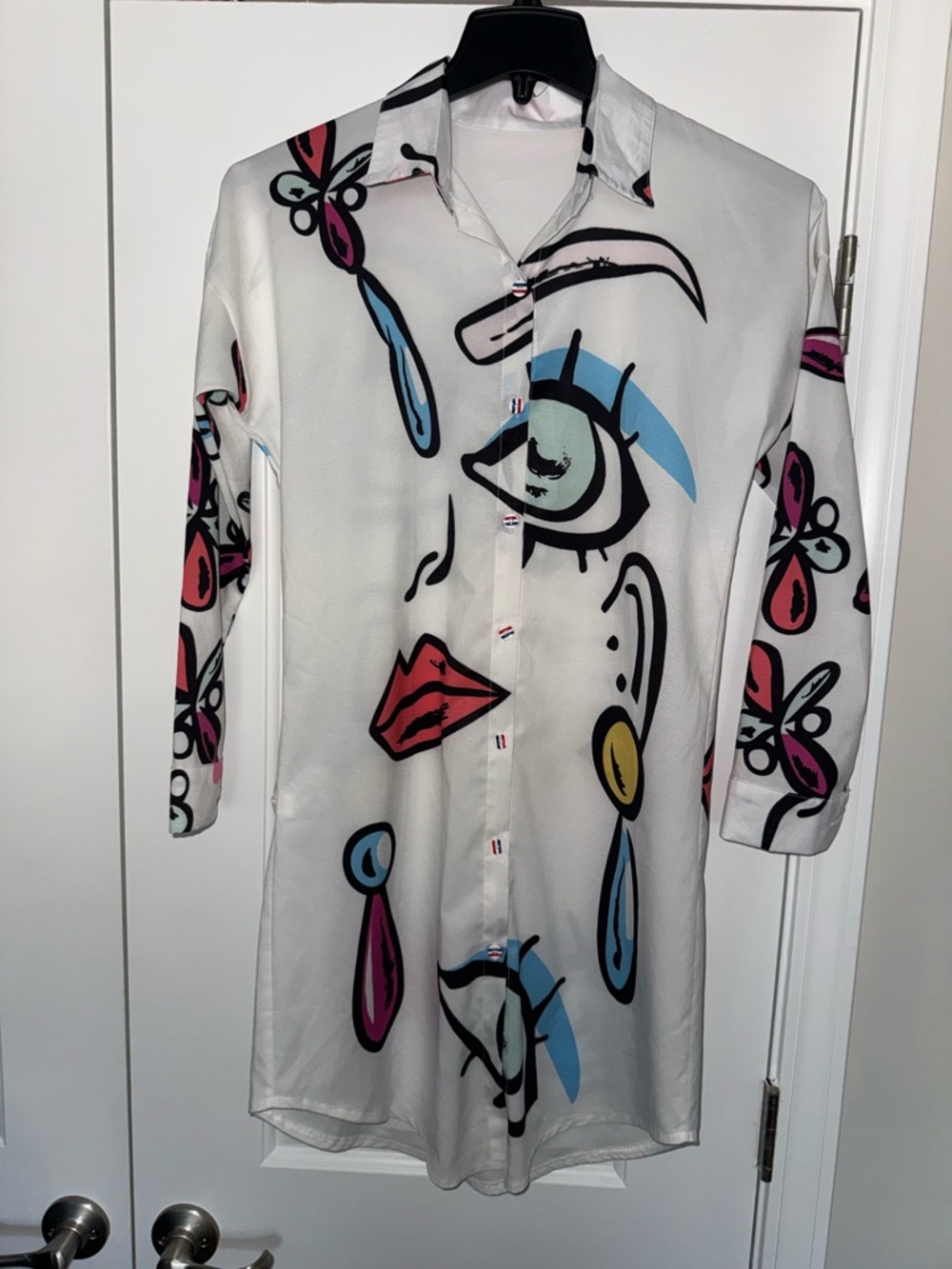 Artistic Oversized White Graphic button down with Multicolor Pop Art Print